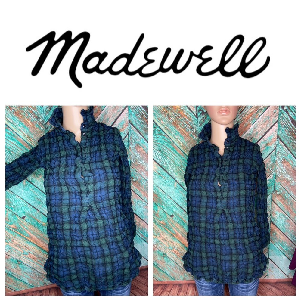 Madewell Plaid Elasticized Ruched Button Up Shirt